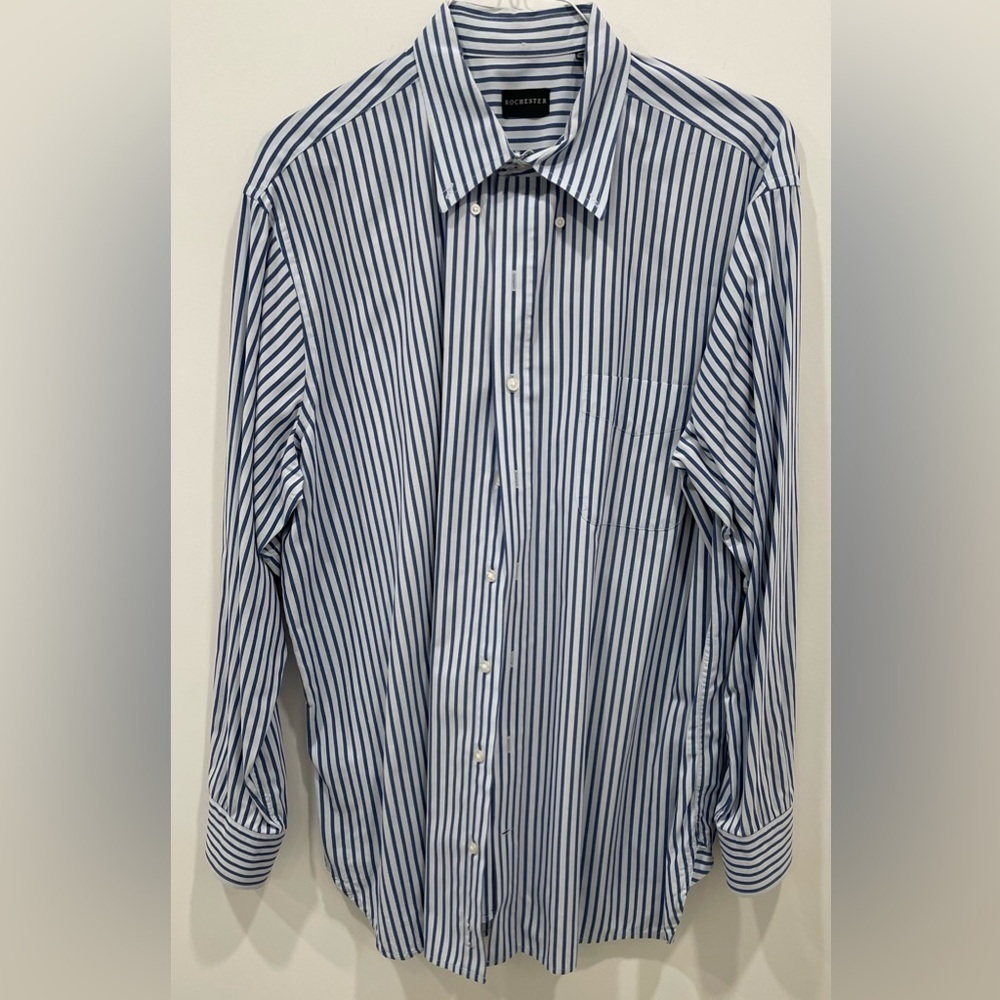 Rochester (Big Tall) Men’s Shirt Size XL Blue White Stripped ButtonDown Cotton